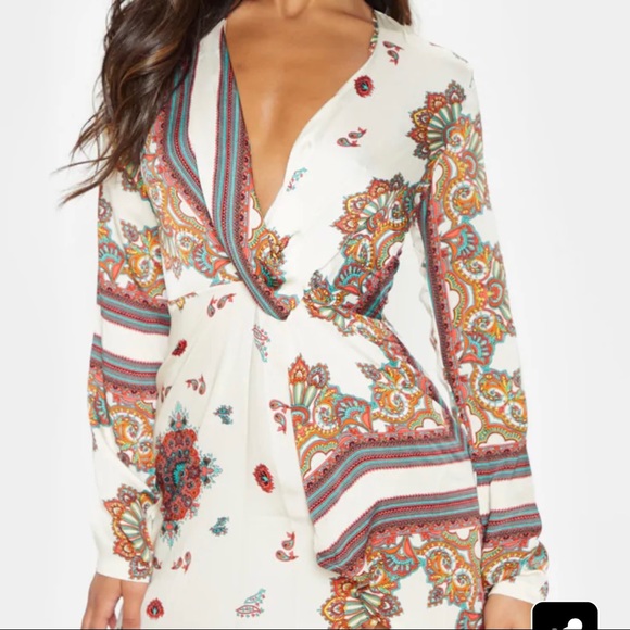 White Printed Silky Wrap Dress - Picture 2 of 5